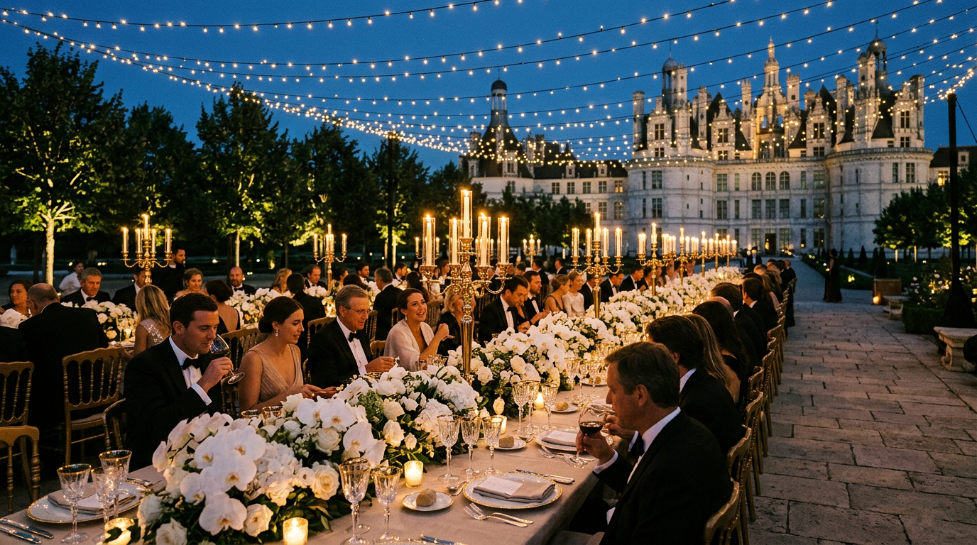 Dîner de gala dans un château, événement de luxe