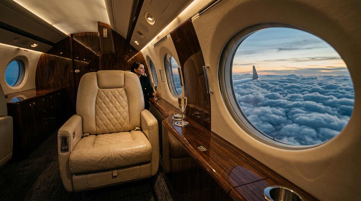 Intérieur jet privé, voyage de luxe